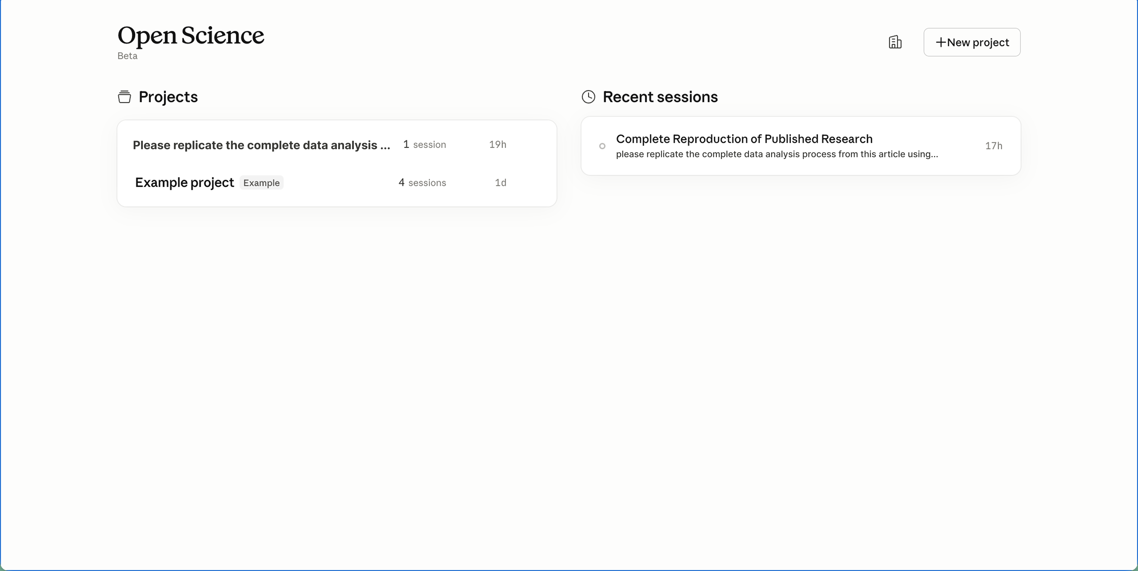 Open Science dashboard — Projects list and Recent sessions