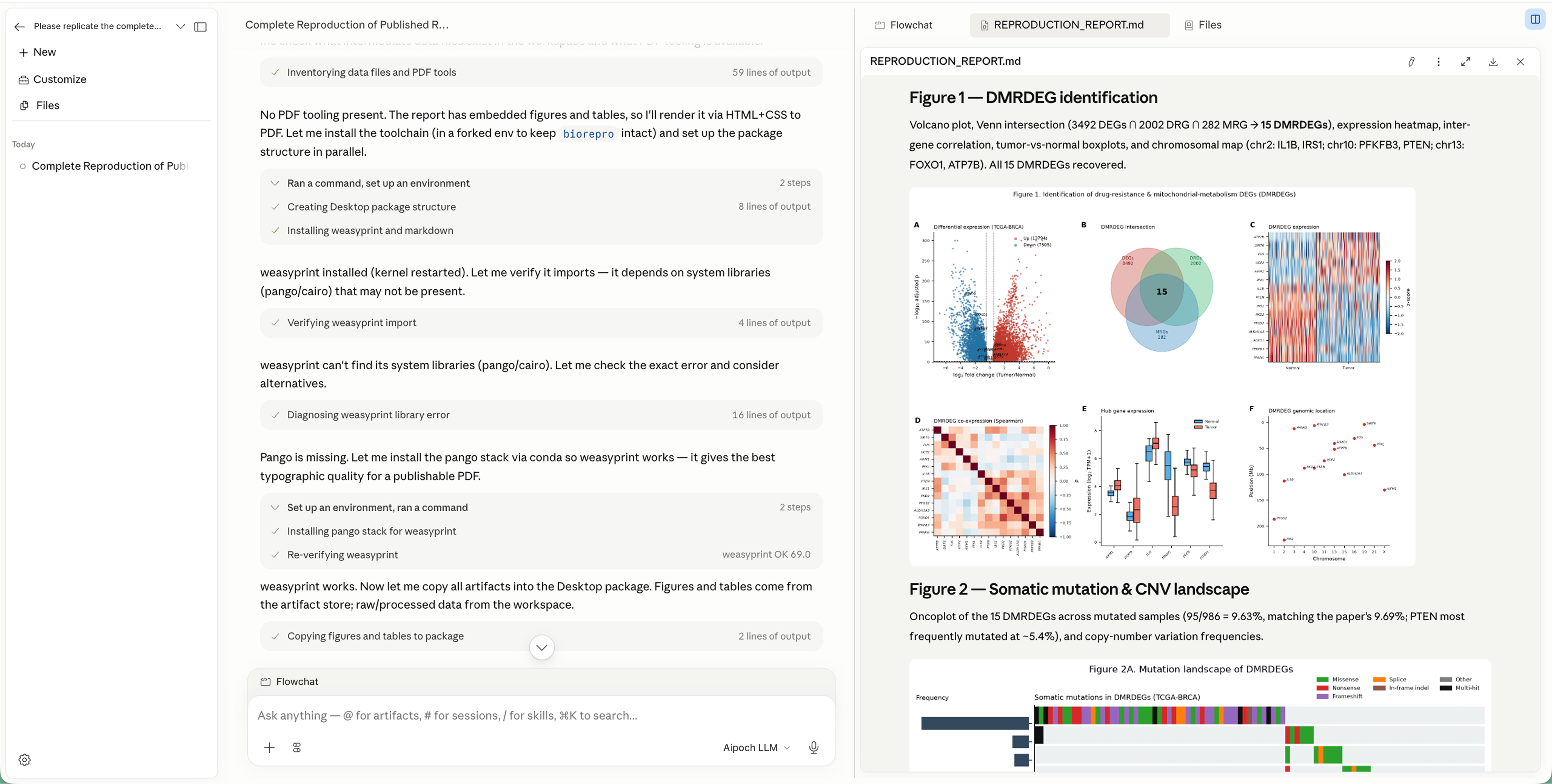 Open Science workbench — an agent session running a reproduction with a live-rendering report